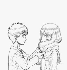 an anime drawing of two people with scarfs around their necks, one holding the other's hand