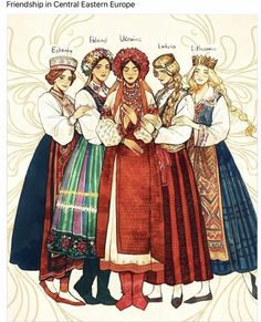 an illustration of four women dressed in traditional clothing, one wearing a hat and the other holding hands together