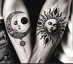 two people with sun and moon tattoos on their legs, one is holding the other's hand