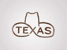 the word texas written in brown ink on a white background with an outline of a cowboy's hat