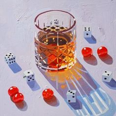 an oil painting of dices and a glass on a white surface with shadows coming from them