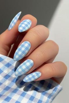 blue nails, blue nail art ideas, acrylic blur nails, summer nails 2024, July 4th nails, 4th of July nails, July 4th nail ideas, 4th of July nail ideas, July 4th nail designs 2024 Blue Gingham Nails, Gingham Nail Art, Light Blue Nail Ideas, Acrylic Blue Nails, Blue Nail Art Ideas, Powder Blue Nails, Light Blue Nail