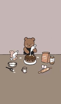 a brown teddy bear sitting on top of a table next to food and utensils