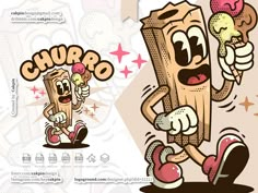 the cartoon character churro is running with an ice cream cone in his hand and holding a donut