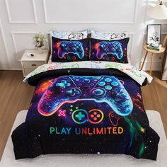 a bed with a video game controller printed on the comforter and pillow cover set