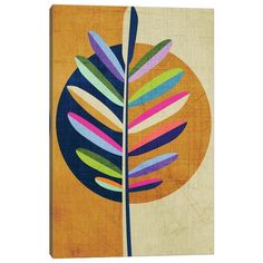 an abstract painting of a leaf with multicolored stripes