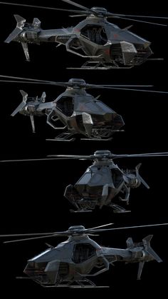 four different types of helicopters flying in the air