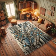 a living room area with wooden floors and furniture, including a rug that has an image of a feather on it