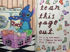 an open book with pictures of cartoon characters and words on the page, in front of a drawing of a laundry basket