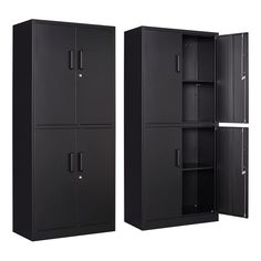 two black metal storage cabinets side by side with doors open and shelves on each side