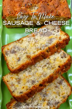 sausage and cheese bread on a green plate with text overlay that reads sausage and cheese bread