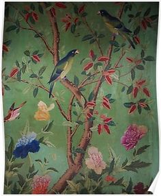 a painting of birds sitting on top of a tree branch with colorful flowers and leaves