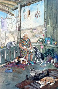 a painting of a woman sitting on a porch with her dogs and cats