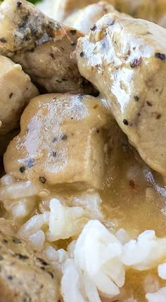 closeup of meat and rice in gravy with broccoli on the side