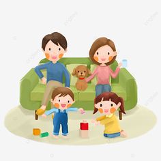 a family playing with toys on the floor in front of a green couch and teddy bear