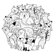 a black and white drawing of many different animals in the shape of a circle on a white background