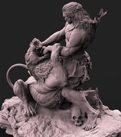 a statue of a man riding on the back of a lion with a knife in his hand