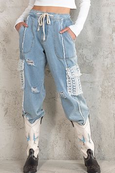 Get ready to slay your style game with these denim cargo joggers. Featuring a drawstring waistband, crochet lace pocket, and edgy distressing, these pants have the perfect combination of boho chic vibes and functional comfort. Denim Seams, Macrame Lace, Lace Pocket, Denim Cargo Pants, Chic Vibes, Denim Cargo, Good Karma, Easy Style, Cargo Joggers