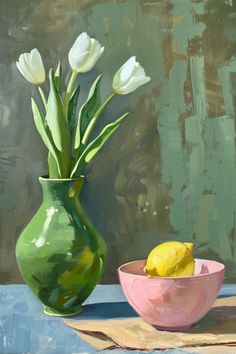 a painting of white tulips in a green vase and a pink bowl on a table