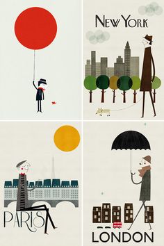 four different illustrations of people with umbrellas and buildings in the background, including one man holding an umbrella