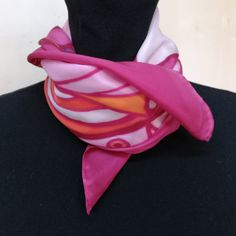 Square scarf decorated with fantasy motifs, doodle art type in fuchsia, orange, burgundy and pink colors. Very striking and original Pink Bohemian Scarf As Gift, Artistic Pink Silk Scarf, Pink Bohemian Silk Scarf, Elegant Handmade Pink Silk Scarf, Handmade Pink Silk Scarf, Handmade Pink Silk Scarves, Pink Artistic Scarf Gift, Silk Scarf Painting, Hand Painted Silk Scarf