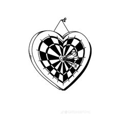 a black and white drawing of a heart with darts in it