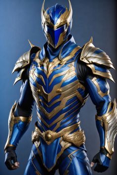 a close up of a person in a blue and gold suit with armor on his body