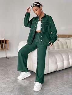 SHEIN EZwear Contrast Binding Drop Shoulder Shirt & Wide Leg Trousers Green Shein Outfits, Dark Green Outfit Casual, Green Trousers Outfit Women Color Combos, Dark Green Outfits For Women, Dark Green Outfit, Outfits Verde, Green Trousers Outfit, All Green Outfit, Green Outfits For Women