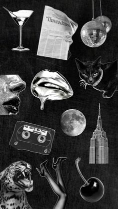 black and white photograph of various objects including an animal, a woman's head, a record, a cocktail glass, and other items