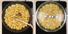 two pictures showing how to cook potatoes in a skillet