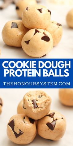 cookie dough protein balls stacked on top of each other