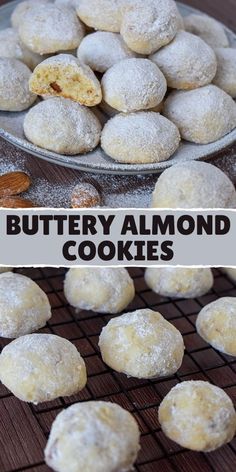 buttery almond cookies on a cooling rack with the words buttery almond cookies above them