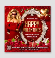 valentine's day party flyer with a woman in red dress and sunglasses holding a gift box