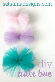 three different colored tulle bows with the words diy tulle bow on them