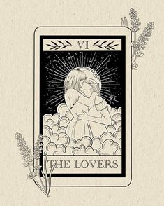 the lovers tarot card with an image of two people hugging each other and surrounded by flowers