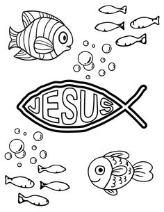 the word jesus is surrounded by fish and bubbles