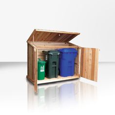 an open wooden storage box filled with lots of different colored trash cans and containers on top of it