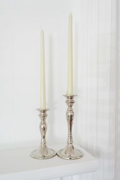 Nickel Candlestick Holders - Sootheandsage.com Sabbath Candles, White Candle Sticks, Silver Candlesticks, Vintage Candle Holders, White Candles, Dinner Table, First Home, Candlestick Holders, Taper Candle