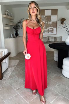 Magdalena Maxi Dress - Red Flare Long Dress, Simple Heels, A Line Long Dress, Solid Maxi Dress, Backless Dress Summer, Elegante Y Chic, Corset Style Tops, Long Red Dress, Ruched Bodycon Dress