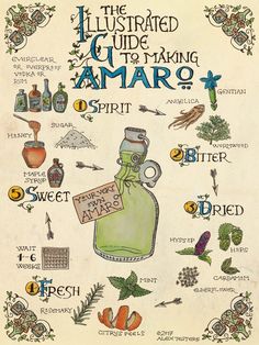 the illustrated guide to making amaro spirit, with pictures of bottles and flowers on it