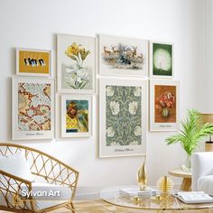 a living room filled with furniture and pictures on the wall above it's coffee table