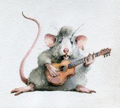 a watercolor painting of a mouse playing the guitar