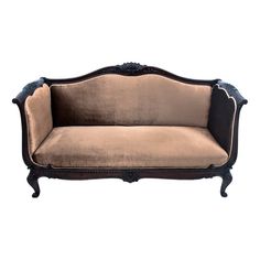 an antique style couch with black trim and velvet upholstered back, on a white background