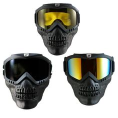 three different types of paintball goggles with yellow lenses on each one's face