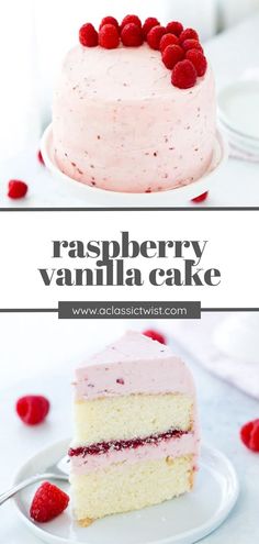 raspberry vanilla cake with fresh raspberries on top