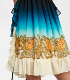 Off Shoulder Printed Silk Minidress in Blue - Etro | Mytheresa Bohemian Mini Dress With Flowy Skirt, Silk Knee-length Dress With Flowy Skirt, Silk Ruffle Dress For Summer, Bohemian Silk Mini Dress With Floral Print, Summer Silk Ruffle Dress, Bohemian Silk Mini Dress, Silk Ruffle Dresses For Vacation, Silk Dresses With Ruffles And Flowy Skirt, Silk Dresses With Ruffle Hem And Tiered Skirt