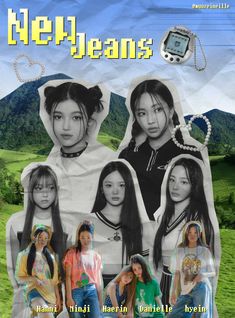 an advertisement for the korean girl group heyeans, featuring four young women with long hair