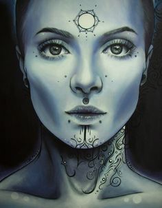 a painting of a woman's face with tattoos and piercings on her nose