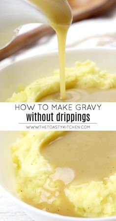 how to make gravy without drippings in a white bowl with text overlay