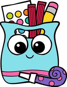 a blue bag with lots of school supplies on it's head and eyes, in front of a white background